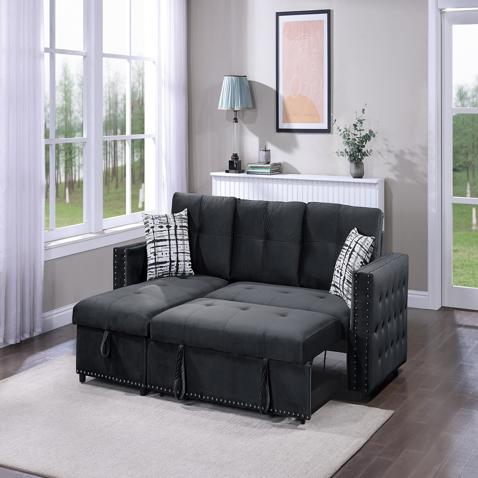Latitude Run® Velvet Convertible Sectional Sofa Pull out Bed Couch ...