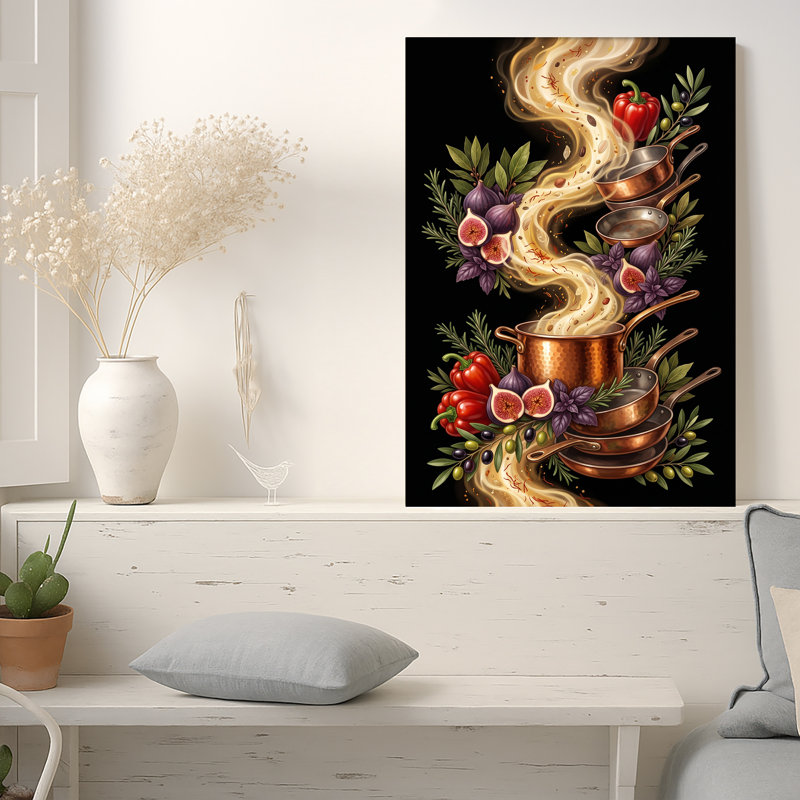 Art mural en cuivre pots et casseroles avec figues et poivrons sur toile noire, H 18 po x l 12 po
