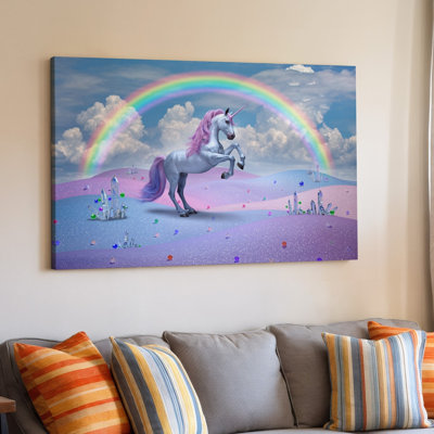 Toile, une majestueuse licorne se dresse gracieusement sur un doux paysage de paysage chatoyant de collines aux couleurs pastel illuminées par un éclatant, art mural sur toile