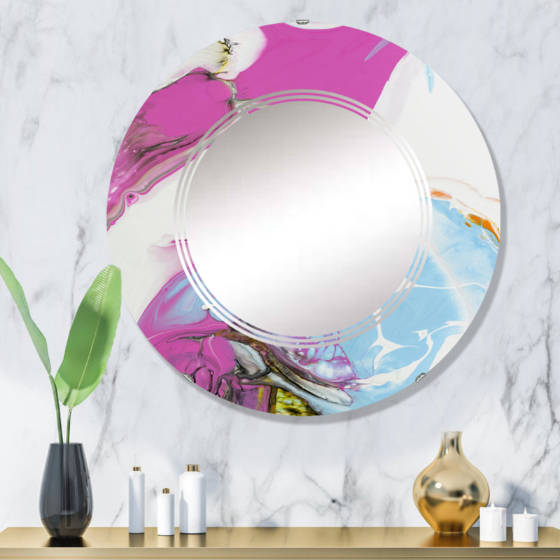 Rose rose, bleu et jaune liquide Art IV - Miroir mural moderne rond, 32 po x 32 po