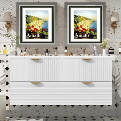 48" Modern Wall-Mounted Double Bathroom Ceramic Vanity Bathroom Cabinet With 4 Drawers