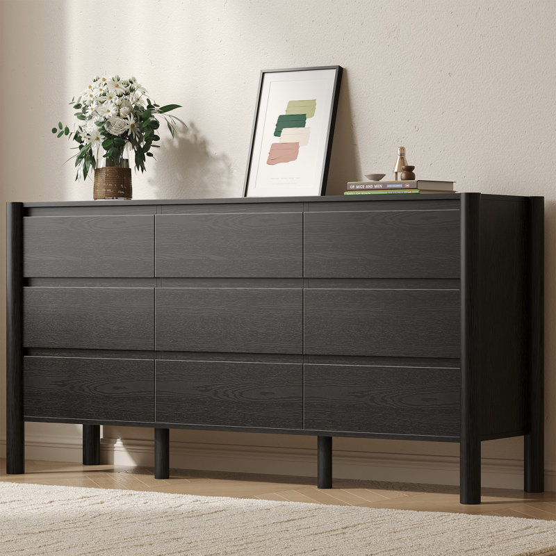 63" W  9 Drawer Dresser with Solid Wood Legs For Bedroom, Living Room，Black, Black