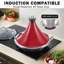 Pot à tajine marocain en acier inoxydable plaqué multi-plis de 11 pouces de 3,6 pintes de Cooks, deux poignées, alternative en pot d'argile pour une cuisson lente, avec aluminium moulé sous pression conique et couvercle en verre, rouge
