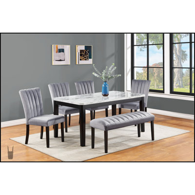 Ensemble de salle à manger 6 pièces contemporain avec table rectangulaire en faux marbre, chaises et banc rembourrés noirs, capitonnage, fabrication en bois massif