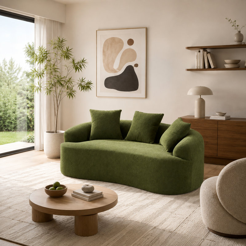 Canapé deux places incurvé moderne, 165 cm de large, chenille vert antique, canapé compressible sans assemblage pour petits espaces, avec 3 coussins