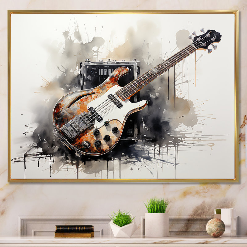 «Brown Charcoal Guitare», art mural sur toile, Cadre flottant doré, H 16 po x l 32 po x P 1 po