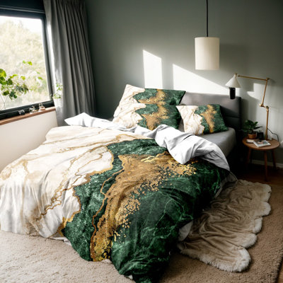 Literie Orylavena en microfibre à motif marbre vert émeraude, blanc et or avec 2 taies d'oreiller, format grand lit, 3 pièces (garnitures non comprises)