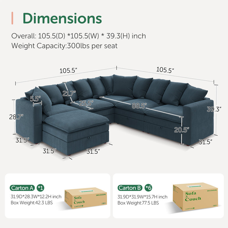 Canapé modulaire en U en velours côtelé avec rangement, H 28,7 po x l 105,5 po x P 105,6 po, Velours côtelé bleu