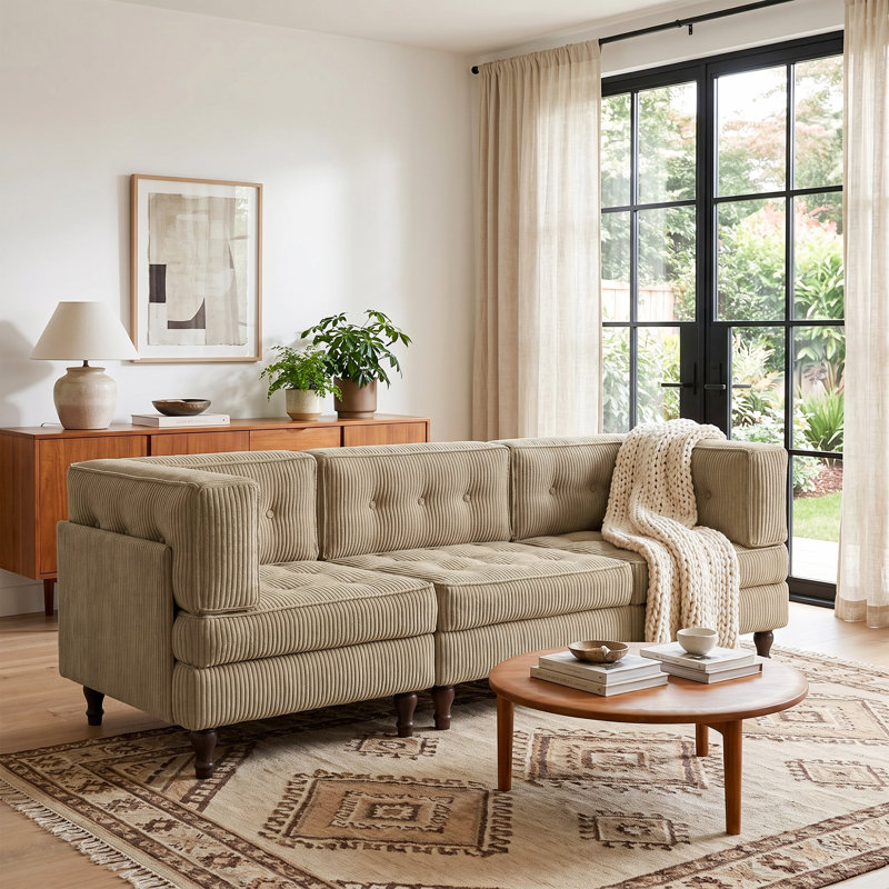 3 - Piece Upholstered Camel Tufted Corduroy Modular Sectional with Pillow Back, Camel, 3, 31.8" H x 97.9" W x 32.6" D