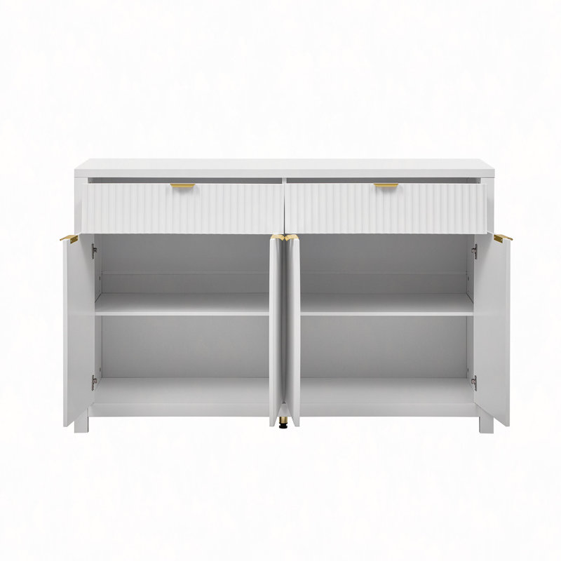 Buffet moderne à motif de vagues avec 2 tiroirs et 4 portes, 3 tablettes réglables à 3 niveaux, poignées arquées en aluminium, style scandinave, 3 couleurs, convient au vestibule, au salon