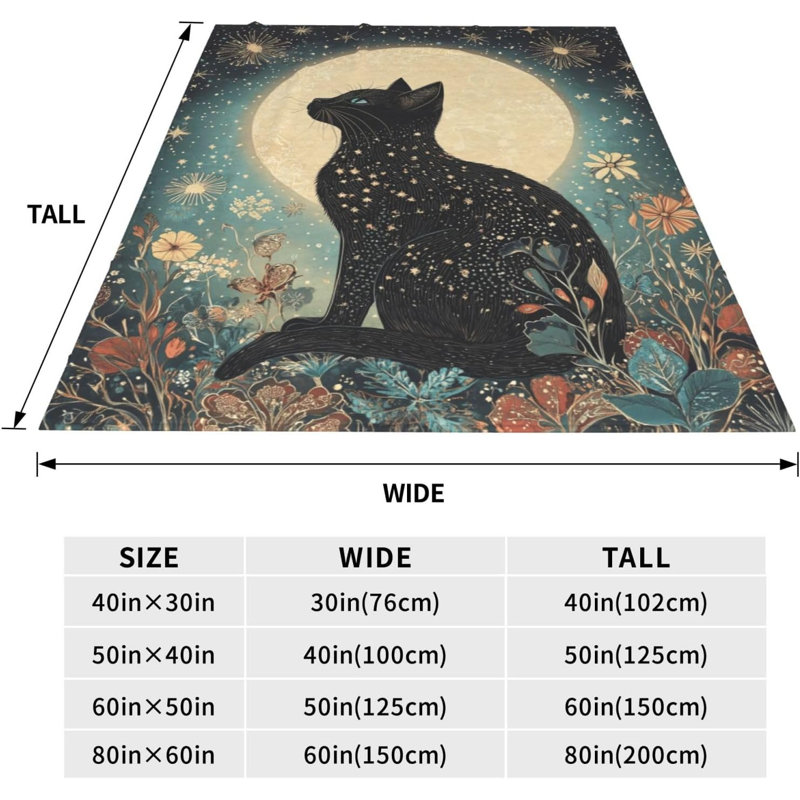 Jeté en flanelle à motif floral Black Cat Moon, 60" L x 50" W