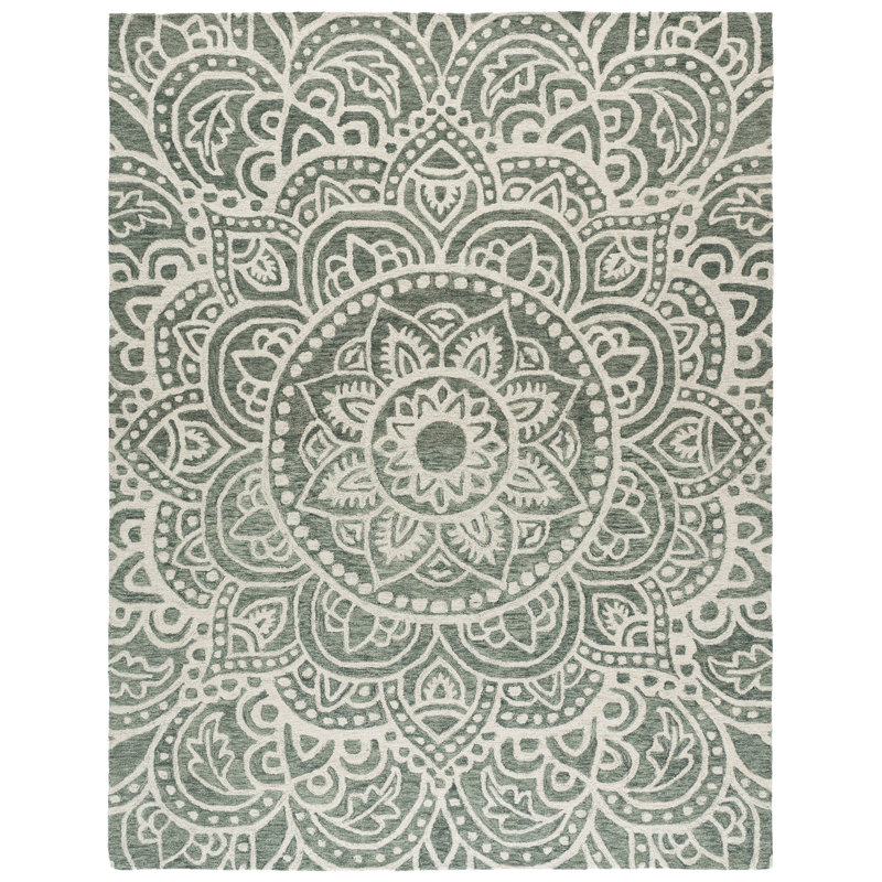 Metro 387 Hand Tufted Wool/Cotton Floral Rug in Green/Ivory, Rectangle 8' x 10'