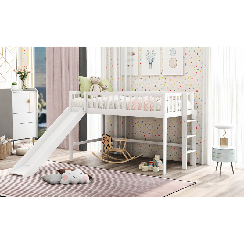 White Twin Size Low Loft Bed With And Slide - Extra Merriment Made Pine , Vertical , Detachable Jolly Space For Creativity Under