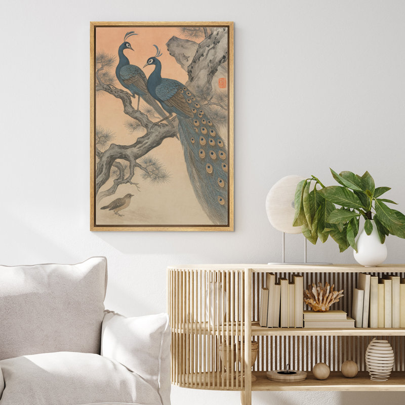 Élégante paire de paons sur une branche d'arbre dans un style asiatique classique - impression sur toile encadrée