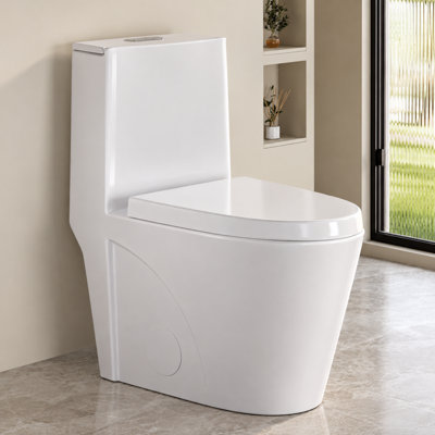 Toilette allongée une pièce à double chasse 1,1 / 1,6 GPF avec siège confortable de 17,13 po de hauteur, surface vitrée en céramique (siège à fermeture en douceur incluse), blanc brillant