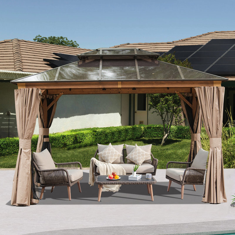 Aluminum Patio Gazebo Permanent Double Polycarbonate Roof Canopy, 12 ft x 10 ft, Brown