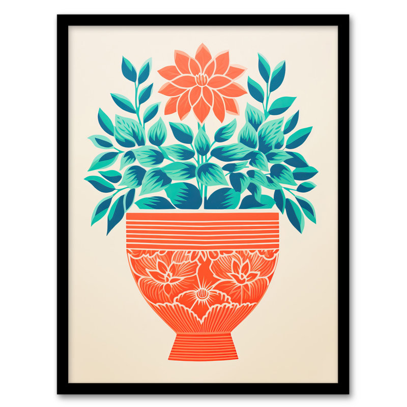 Ornate Coral Flower Pot Flowers Simple Bold 1 Piece Single Picture Frame Wall Art