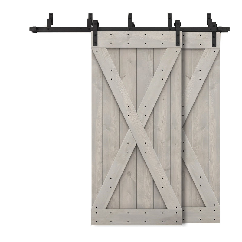 Porte de grange à panneaux et en bois avec quincaillerie d'installation, 68 po x 84 po, Gris argenté