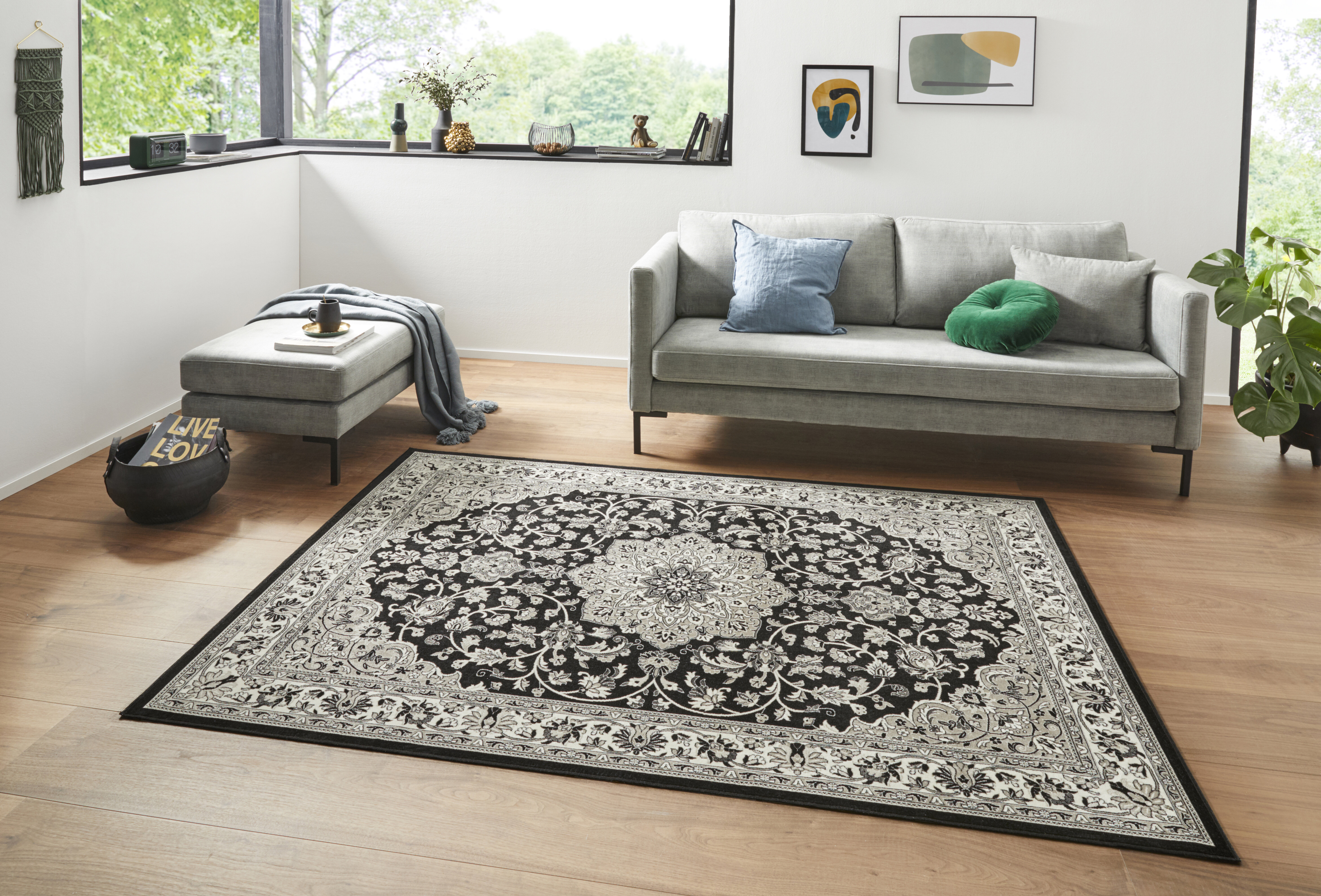 Kurzflor Orientalisch Teppich für Wohnzimmer Astoria Grand Schwarz - - Bordüre Teppich Keshan Klassisch Orient