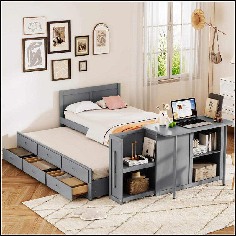 Lit plateforme multifonctionnel en bois avec bureau et tablette de rangement pour économiser de l'espace et organiser, Gris