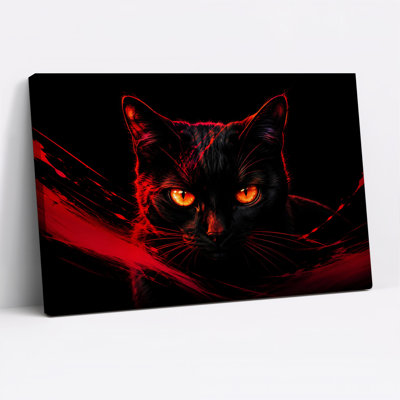 Black Cat With Glowing Orange Eyes And Red Halloween Canvas Wall Art