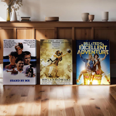 Ensemble de 3 affiches encadrées, style vintage, inspirées des films « Stand By Me », « The Big Lebowski » et « L'Excellente Aventure de Bill et Ted ». Décoration murale rétro idéale pour le salon, la chambre à coucher ou le bureau.