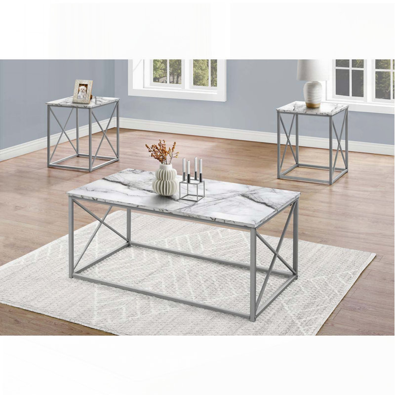 3-Piece Coffee and End Table Set Marble-Look, Silver, White