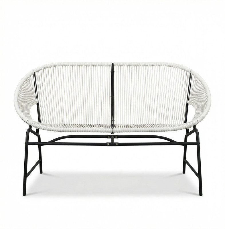 OUTDOOR PATIO WICKER LOVE SEAT, WHITE PE RATTAN & IRON FRAME, SET OF 1