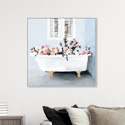 « floral baignoire square », reproduction de peinture à l’aquarelle sur toile en bleu/rose/blanc