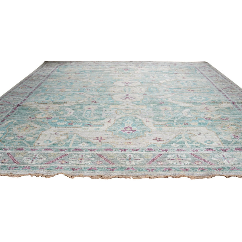 Green Hand-Knotted Silk Faded Turquoise Medallions Tribal Modern Contemporary Carpet Rug, 9' x 12'