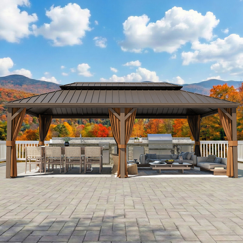 22 pi. L 12 pi. D Pavillon de jardin extérieur en aluminium avec toit double couche, rideaux et moustiquaire