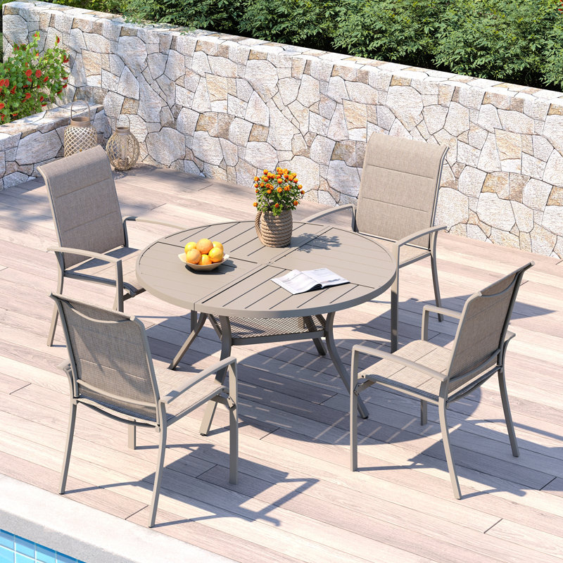 4-Person Patio Dining with Round Metal Dining Table and 4 Padded PVC-coated polyester Chairs, Cream/Sandshell