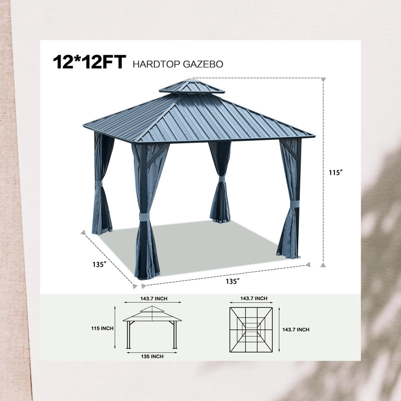 Pavillon de jardin à toit rigide avec double toit en acier galvanisé, structure en aluminium robuste, rideaux et filet pour patio, pelouse et jardin
