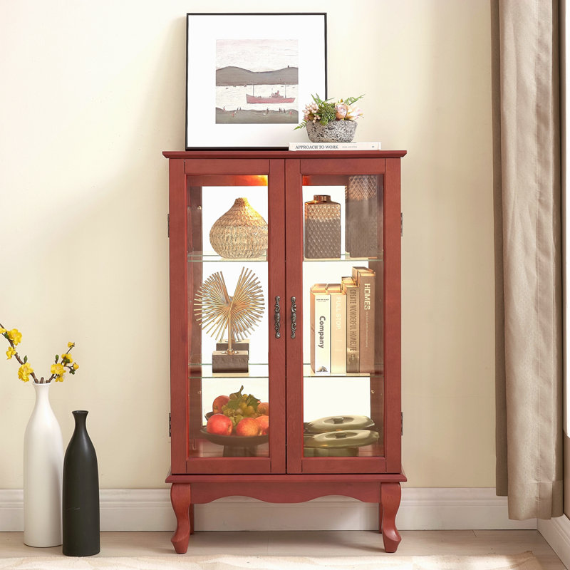 Elegant 2-Door Curio Cabinet With Tempered Glass Doors, Mirrored Back Panel, And Adjustable Shelves - Lighted Display Cabinet For Home And Office (Light Bulb Included)