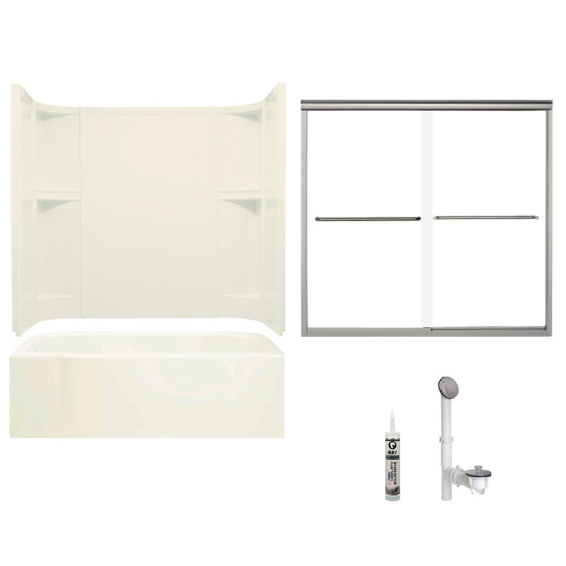 60" W x 72" H Frameless Rectangle Sliding Tub & Shower Kit with Towel Bar and Base Included, White, Nickel