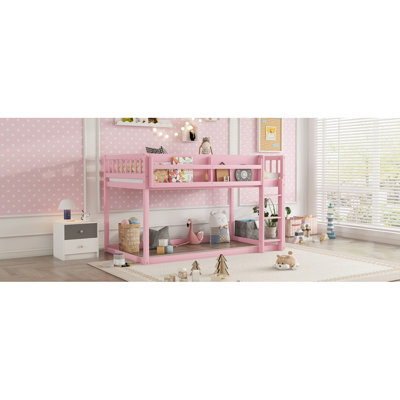 Lit superposé bas simple au-dessus de simple, lit superposé au sol avec échelle, lit superposé simple en bois massif pour enfants et enfants, rose