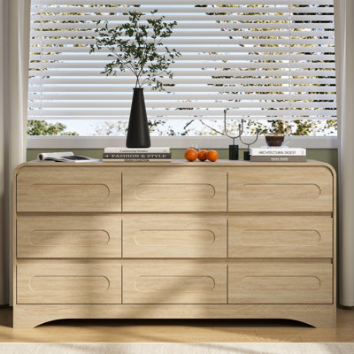 Wooden 9-Drawer Dresser For Bedroom, 63"W Dressers & Chest Of Drawers With Curved Profile Design, Oak