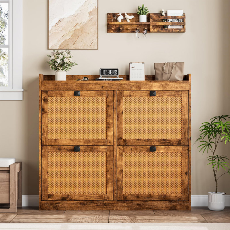 Armoire à chaussures avec 4 tiroirs rabattables, armoire à chaussures en bois avec portes en rotin et tablettes réglables
