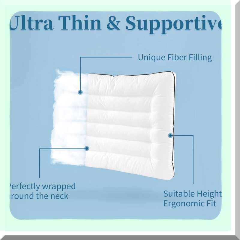 UltraSlim Sleep Pillow - Flat Bed Pillow for Stomach & Back Sleepers. Down Alternative, Cotton Shell, White Cervical Pillow for Neck Pain Relief.