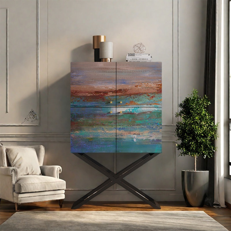 Armoire de rangement avec plateau en noyer, Bleu / Rose / Noir