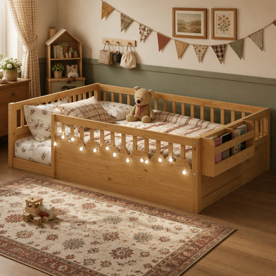 Full Montessori Floor Bed Frame with High Rails, Wood Kids Floor Beds with Light and Storage Shelf, Natural