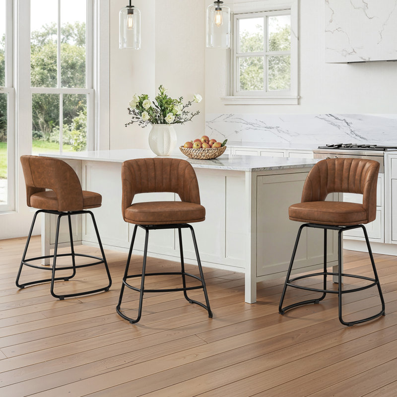 26''H Swivel Barstools With Metal Legs, 3, Brown