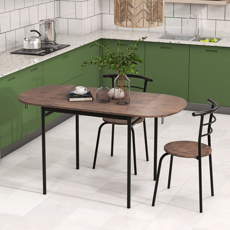 3 Pcs Foldable Dining Table Set w/ 2 Chairs Industrial Oval Corner Dining Set