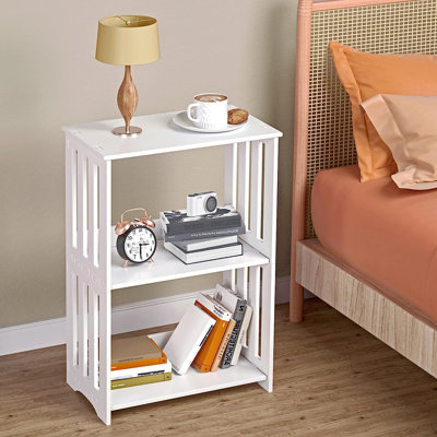 Table de bout à 3 niveaux avec table de bout blanche, table d'appoint étroite avec tablette de rangement, petite table de chevet pour chambre à coucher, salon, bureau, salle de bain