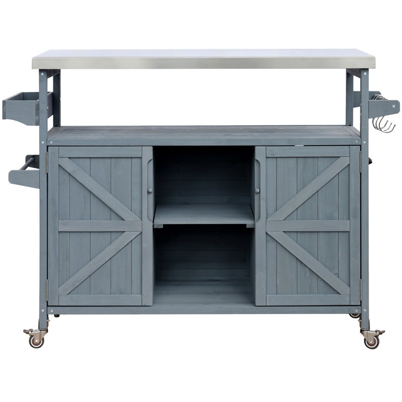 Chariot de barbecue extérieur French Country: plateau en acier inoxydable et bois. Rangement. 4 roues verrouillables lisses. Gris-bleu Chariot à épices avec tablettes réglables pour serviettes