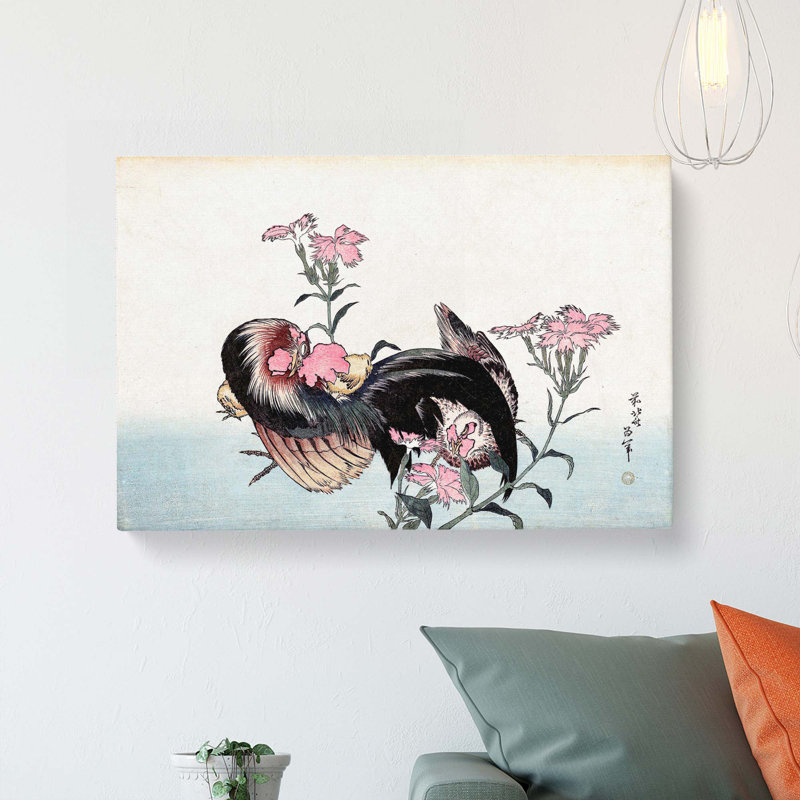 Cock, Hen & Nadeshiko by Katsushika Hokusai - Wrapped Canvas Painting, 50cm H x 76cm W x 3cm D