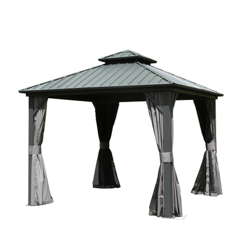 Pavillon de jardin en aluminium et métal avec double toit et rideau, idéal pour la terrasse, la cour, la terrasse, le toit en acier galvanisé gris, gris divertissement