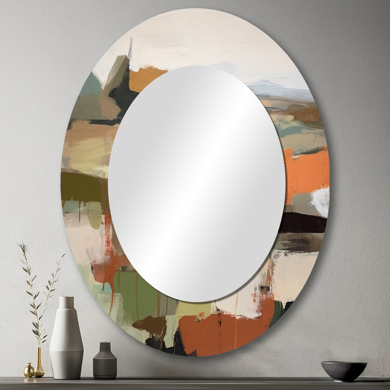 Green And Beige Transcending Reality III - Abstract Oval Decorative Mirror On Metal, 43" x 33"