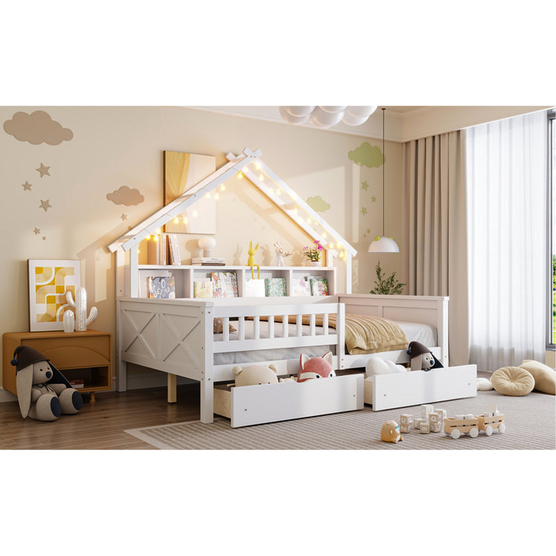 Lit plateforme blanc en bois pleine grandeur avec DEL, tablettes de rangement, tiroirs et garde-corps - Tiroirs de détente sécuritaires, durables