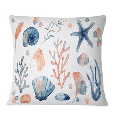 Blue And Pink Seashells On White - Nautical & Coastal Printed Throw Pillow
